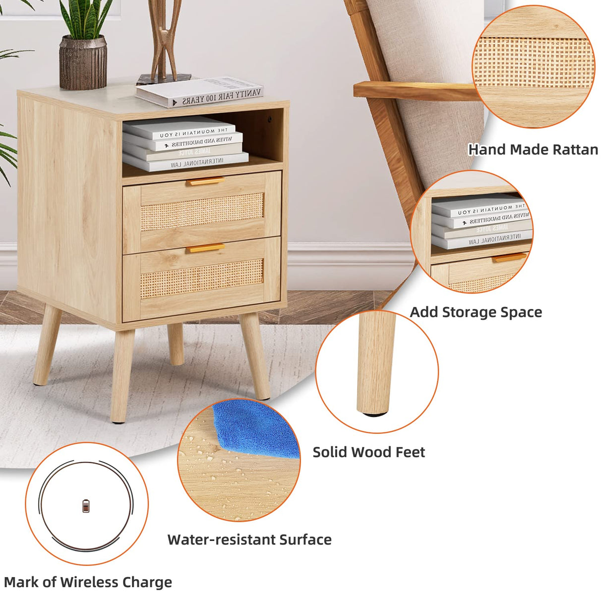 AILEEKISS Rattan Nightstand with Wireless Charging Station Modern Bedside Tables with Solid Wood Feet Rattan Night Stands with Drawers and Open Storage Shelf for Bedroom (Natural) AILEEKISS