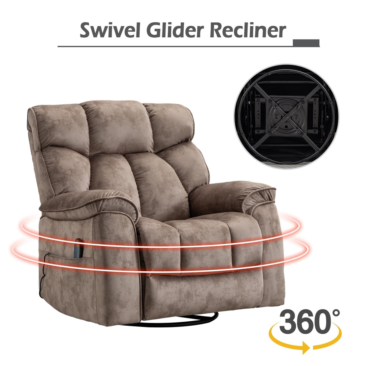 INZOY Oversized Rocker Recliner with Heat and Vibration, Manual Swivel Rocking Recliner Chair with Vibrating Massage, Comfy Padded Overstuffed Soft Fabric Heated Recliner,Camel INZOY