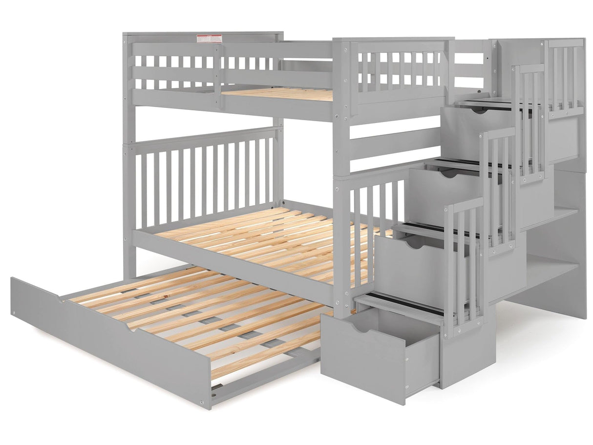 Bedz King Stairway Bunk Beds Full over Full with 4 Drawers in the Steps and a Full Trundle, Gray Bedz King