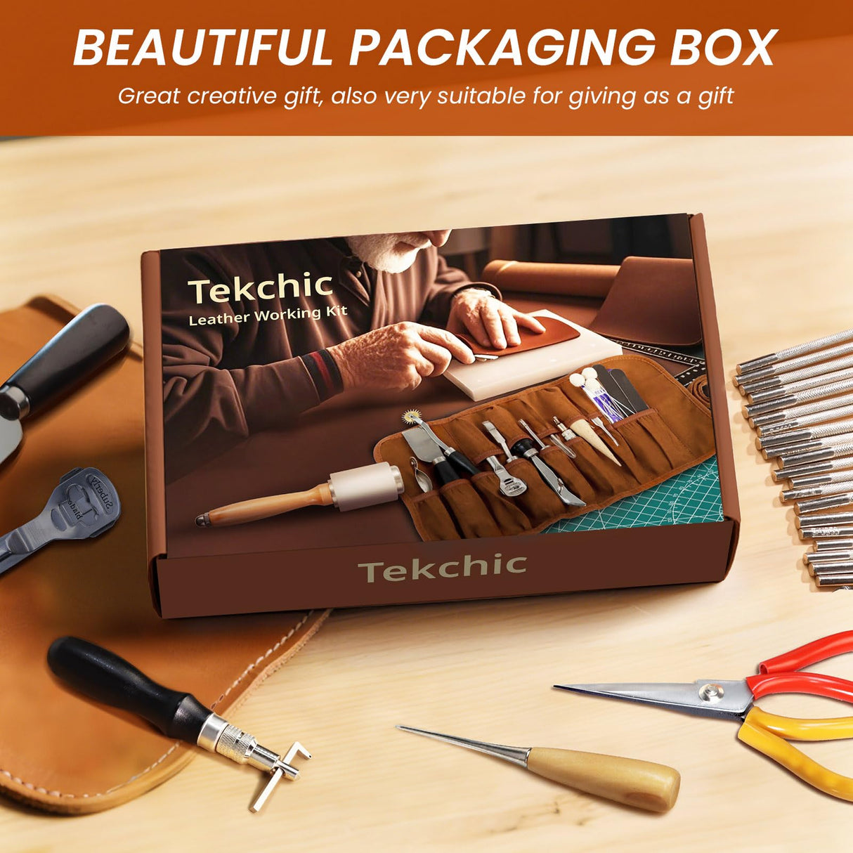 Leather Working Tools Craft Kit for Carving Stamping Sewing Punching Cutting with Storage Bag Professional Leather Tooling kit for DIY Crafting TEKCHIC