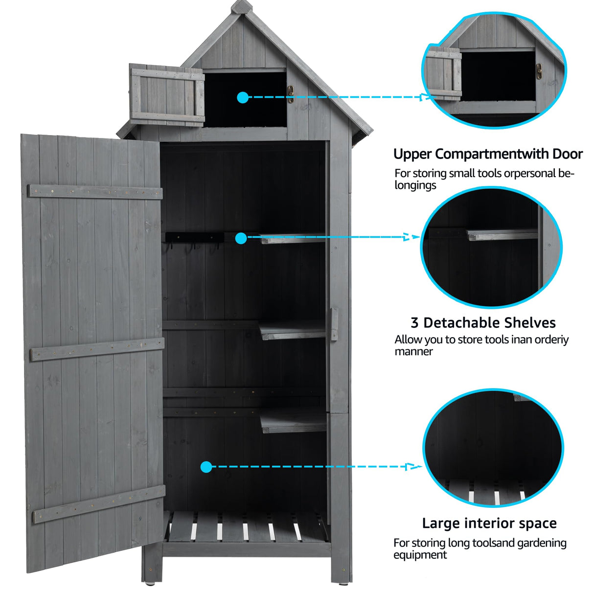 Outdoor Storage Cabinet, Garden Wood Tool Shed, Outside Wooden Shed Closet with Shelves and Latch for Yard, Patio, Deck and Porch,30.3”L X 21.3”W X 70.5”H (Grey) Anwick