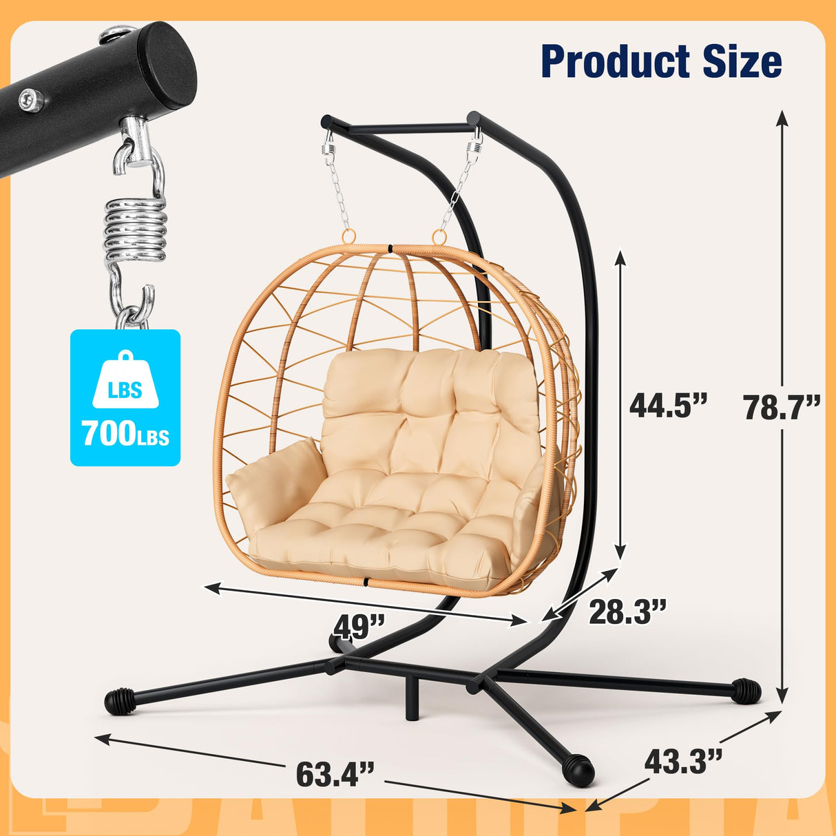Pamapic 700 LBS Double Egg Chair Outdoor, UV Resistant Cushions Hanging Egg Chair with Armrests & Headrest, Thick Steel Frame Egg Swing Chair with Stand, for Relaxing & Reading Outside/Inside(Beige) Pamapic