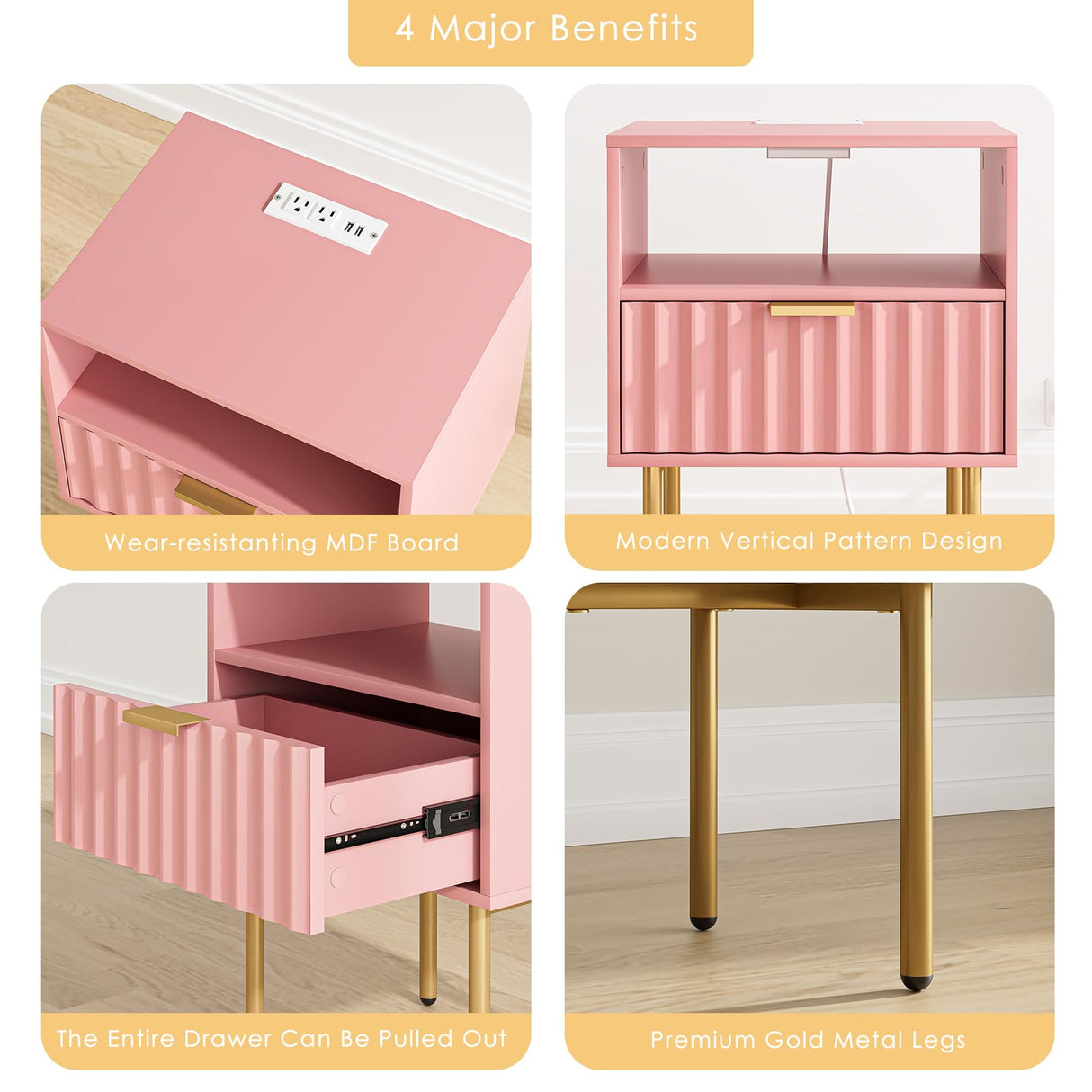 Aienvey Night Stand with Charging Station, Fluted Bedside Table with Gold Frame, Side Table with Drawer and Shelf for Bedroom, Living Room, Pink Aienvey