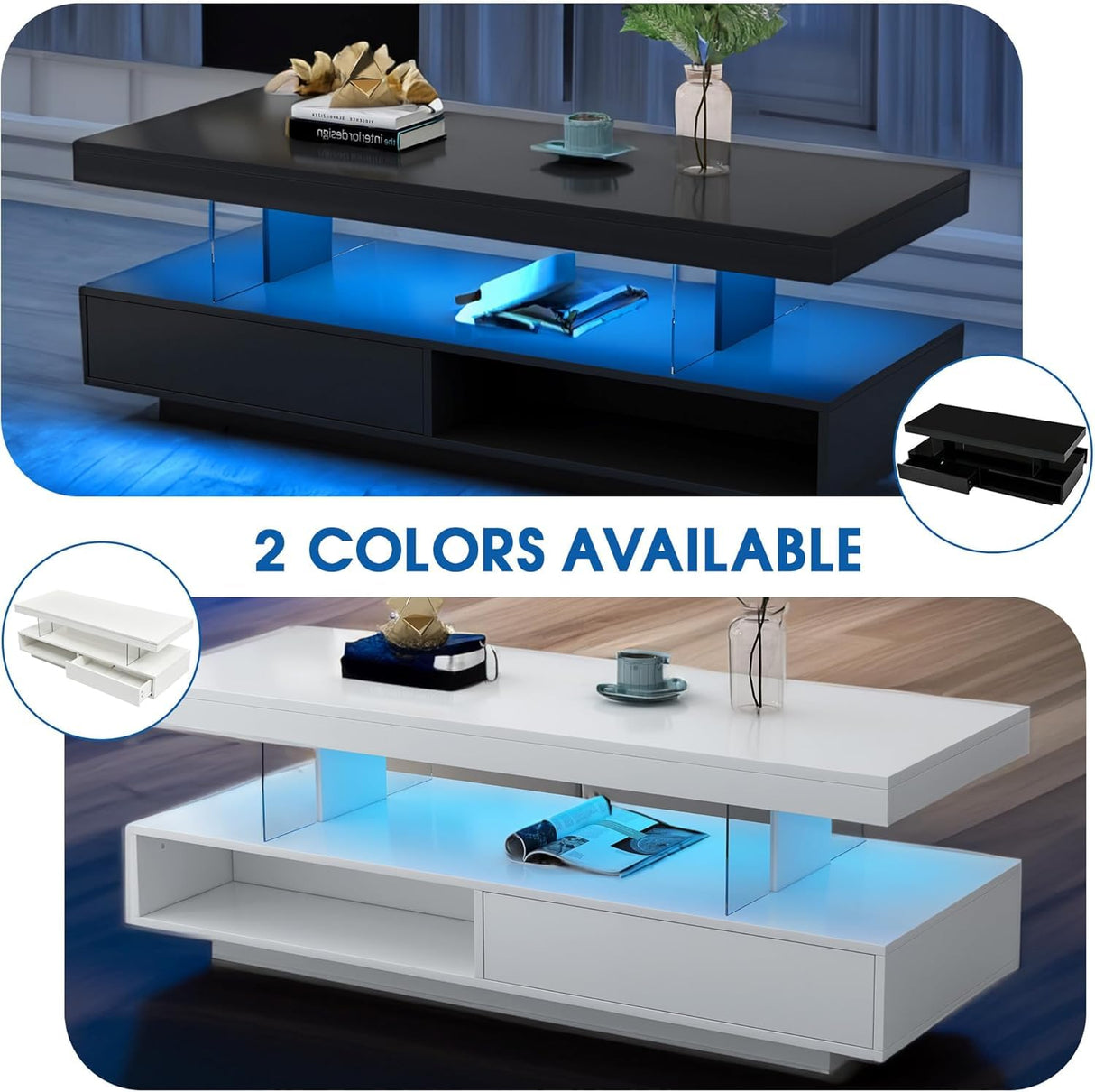 White LED Coffee Table for Living Room, Modern High Glossy Smart Center Table with Storage, 2 Tiers Rectangle Coffee Table with 16 Colors LED Lights & Remote Control for Party Office Home GlowSpark