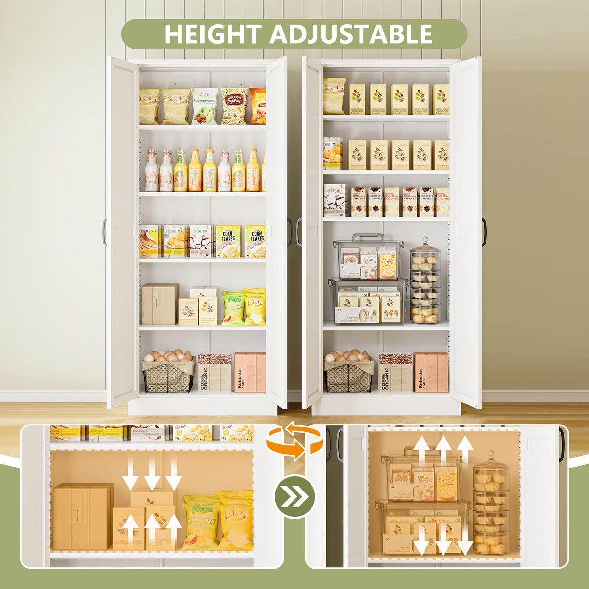 RAVIGIN Farmhouse Storage Cabinet,75" H Metal Pantry Cabinet with Barn Doors and Adjustable Shelves,75" H 6-Tier Rustic Pantry Organizers for Kitchen,Dining Room,White RAVIGIN