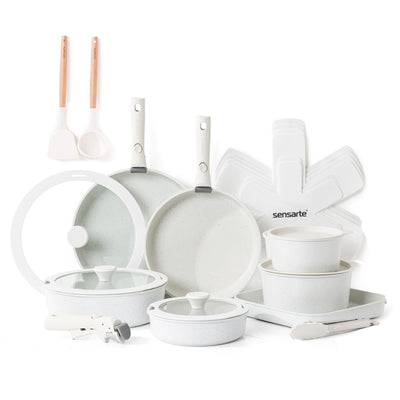 SENSARTE 24 Piece Pots and Pans Set, Nonstick Detachable Handle Cookware, Induction Kitchen Cookware Set with Removable Handle, Healthy Non Stick RV Cookware, Dishwasher & Oven Safe, PFOA Free (White)