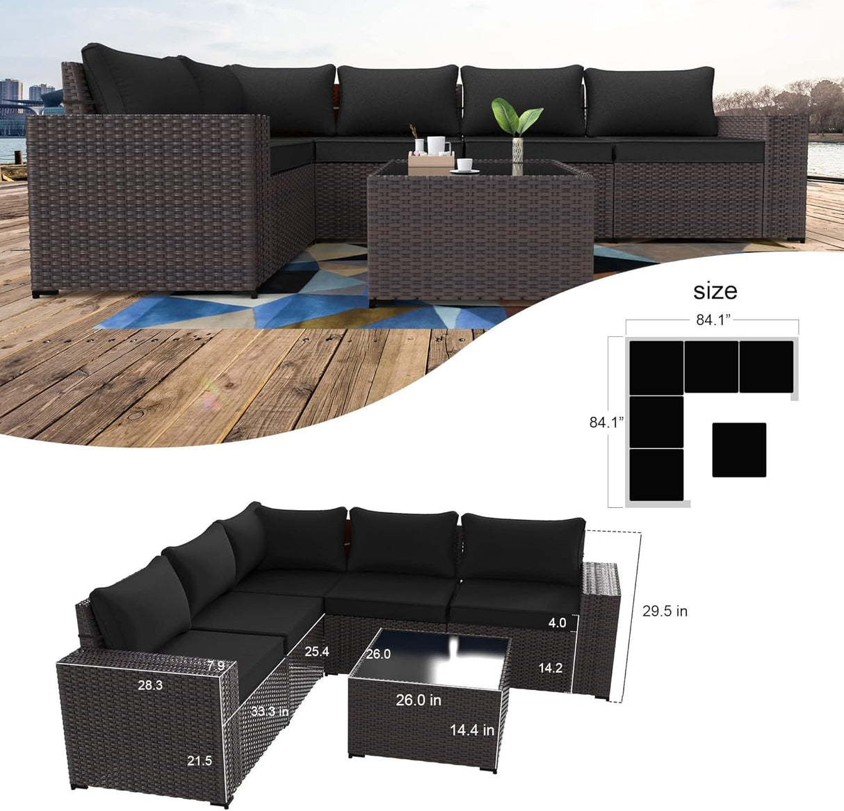 Kullavik Outdoor Patio Furniture Set 6 Pieces Sectional Rattan Sofa Set Brown PE Rattan Wicker Patio Conversation Set with 5 Seat Cushions and 1 Tempered Glass Table,Black Kullavik
