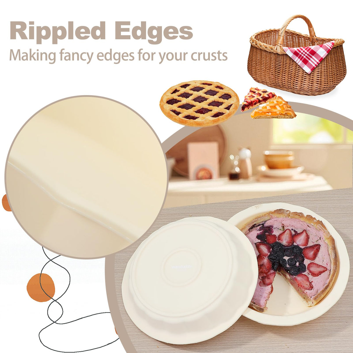 Wanbaker Silicone Pie Pans Dishes for Baking, 9inch Pie Dishes with Corrugated Edge Dishwasher Microwave Oven Safe (Beige) Wanbaker