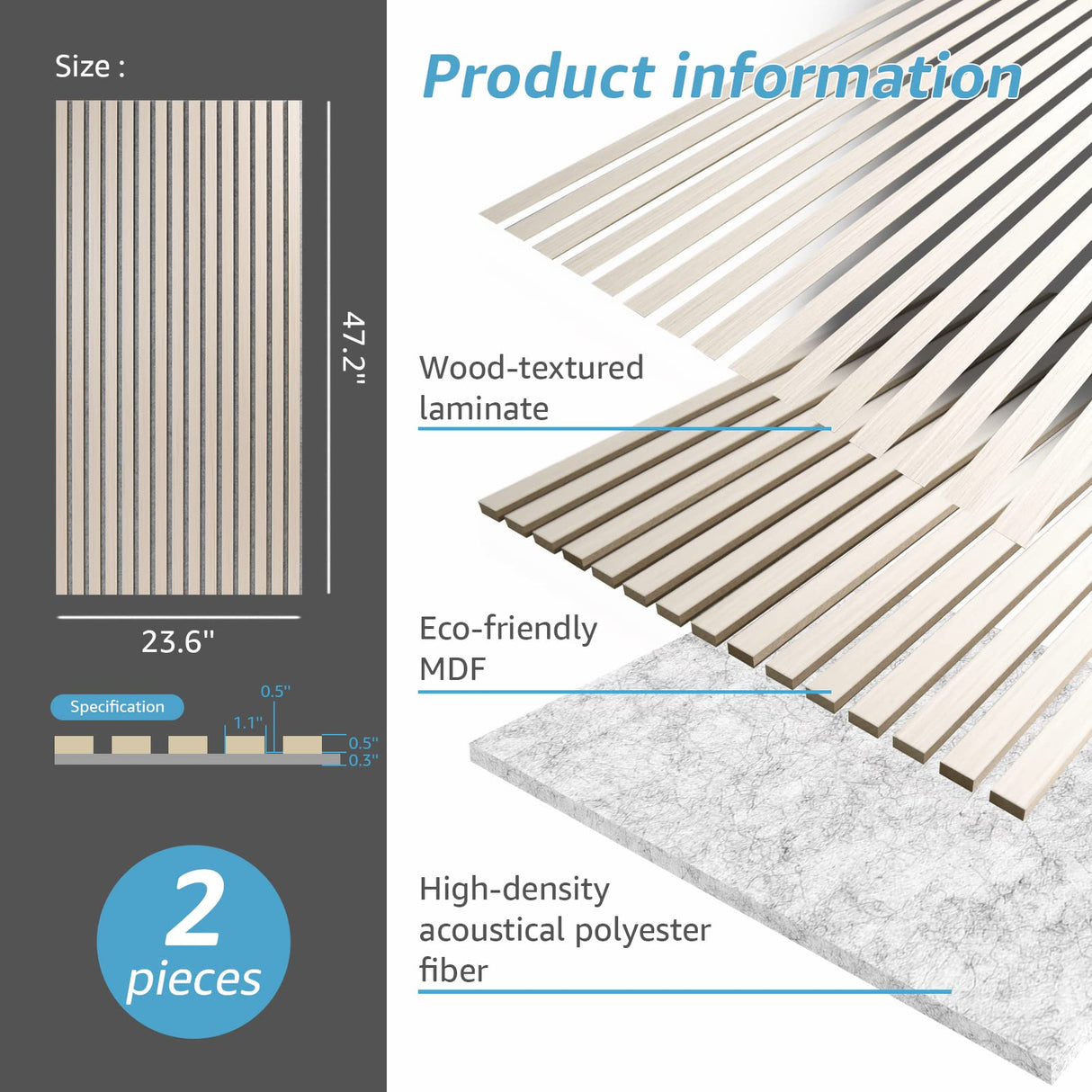 Art3d 2 Wood Slat Acoustic Panels for Wall and Ceiling - 3D Fluted Sound Absorbing Panel with Wood Finish - White Elm Art3d
