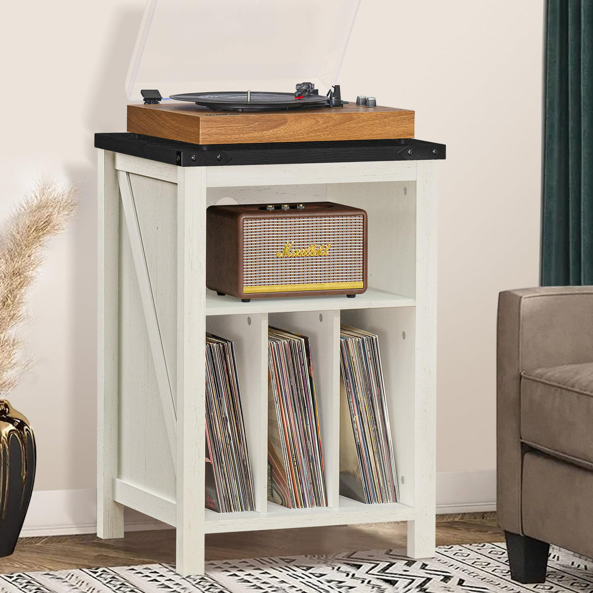 Joaxswe Record Player Stand with Vinyl Record Storage,White Record Player Table Holds up to 160 Albums,Large Wood Turntable Stand Cabinet Dispaly Shelf for Living Room,Bedroom,Office Joaxswe