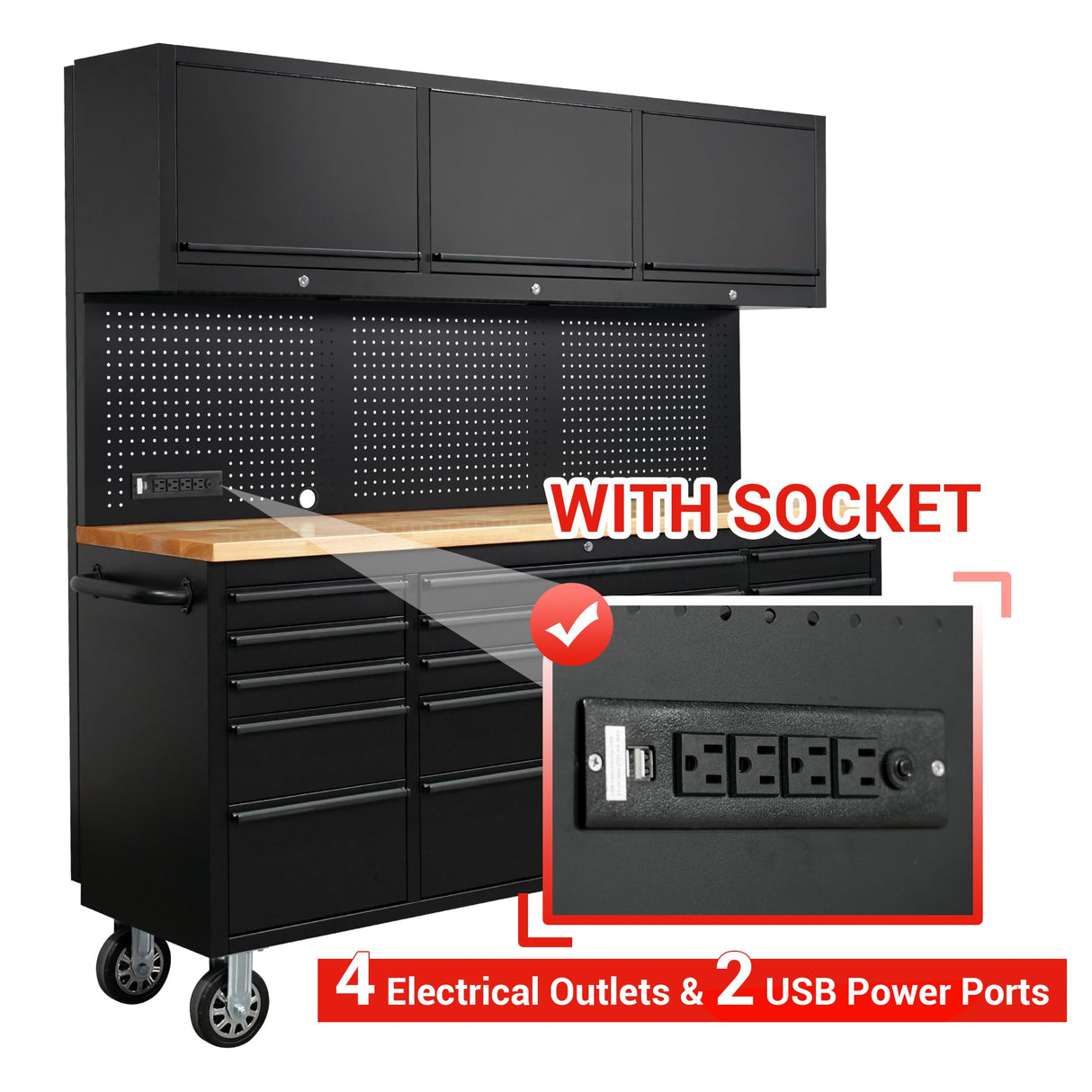 CT Copper Tailor 72-inch Rolling Tool Chest with Integrated Power Strip,15 Drawers and Wheels, Garage Workbench with Storage, 3 Upper Cabinets, Pegboard in Matte Black CT Copper Tailor