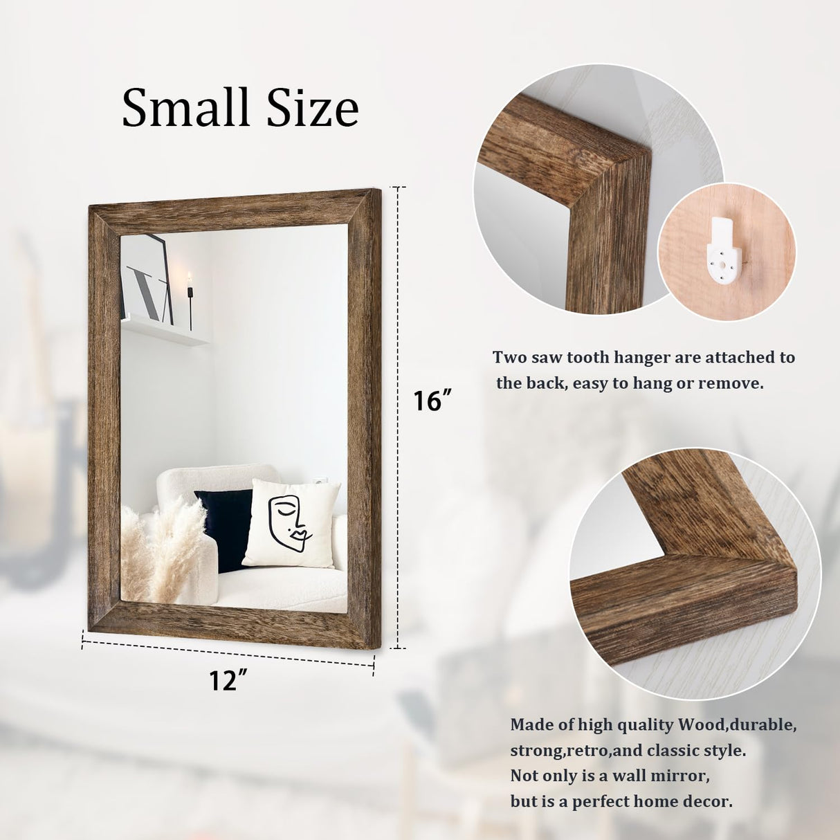 AAZZKANG Rustic Wood Mirror Rectangle Decorative Wall Mirrors with Frame for Bedroom Living Room Bathroom Entryway Hanging Small Brown AAZZKANG