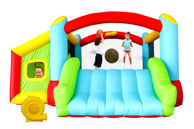 WELLFUNTIME Bounce House, Inflatable Bouncer with Air Blower, Kids Slide Jumping Castle with Slide, Ball Pit and Dart Target Game, 143x137x68 Inch