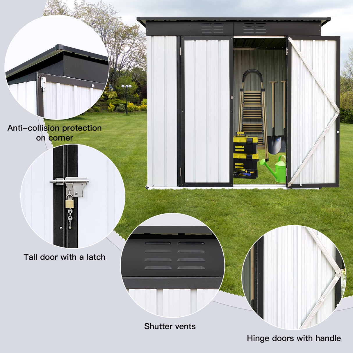 6 x 4 FT Outdoor Storage Shed, Metal Garden Tool Shed with Air Vents & Lockable Doors, Heavy-Duty Waterproof Small Bike shed Easy to Assemble for Garden, Lawn, Patio, Backyard, White LINKHOO