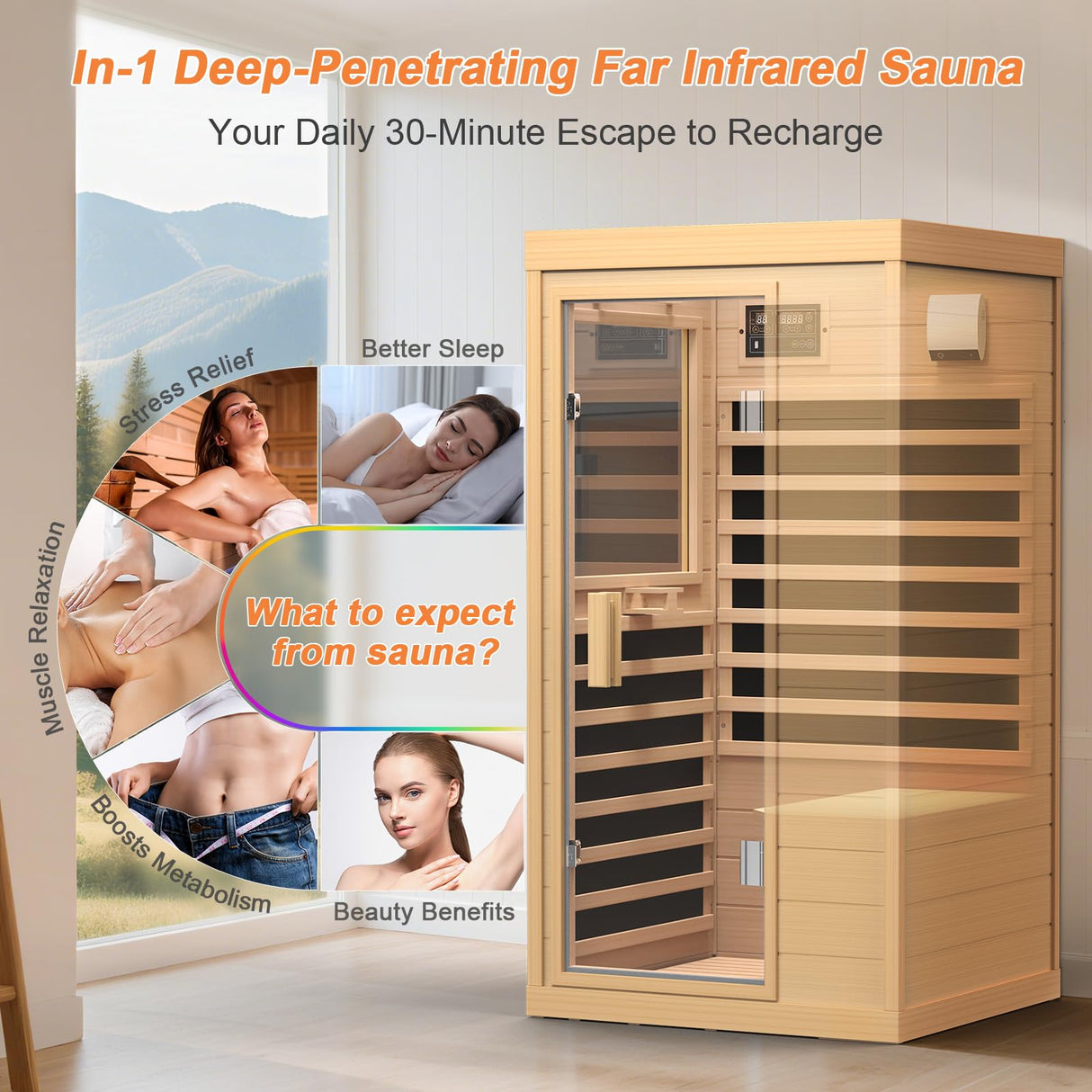 Far Infrared Sauna, Canadian Hemlock Wood Sauna Spa Room for Indoor,1062W 110V Low EMF Saunas with Control Panel and Integrated Speakers, Mini Home Sauna Room for One Person (Wood) OUTARFIE