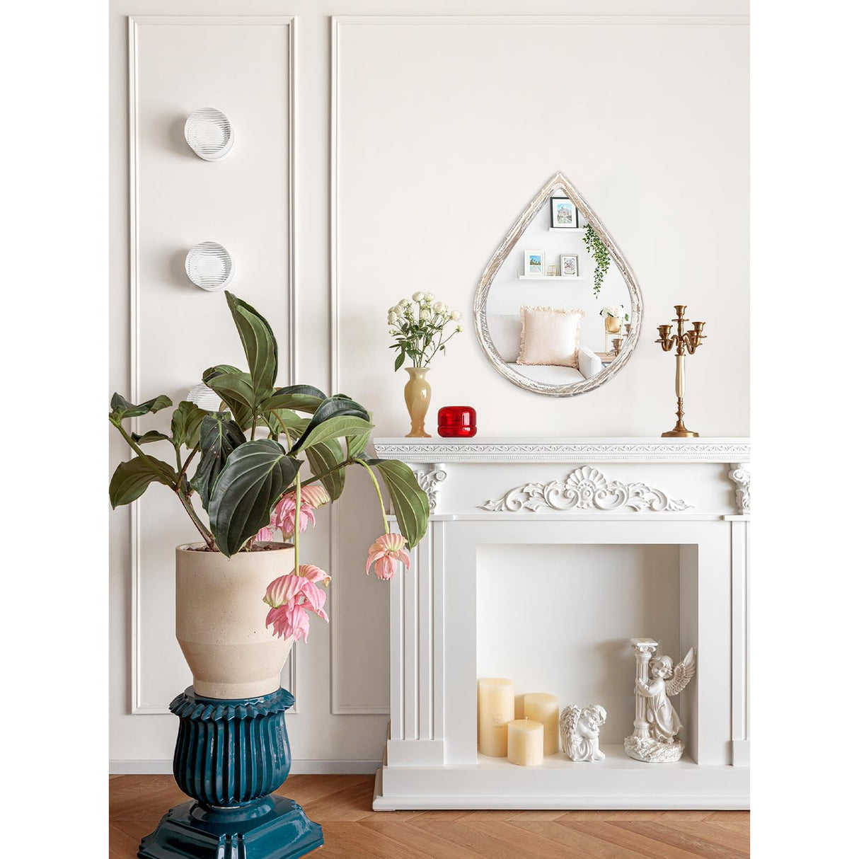 FEUFOAM Small Decorative Mirror Teardrop Mirror Wood Frame Rustic White Wall Mirror Farmhouse Hanging Mirrors for Bathroom Living Room Entryway Hallway FEUFOAM