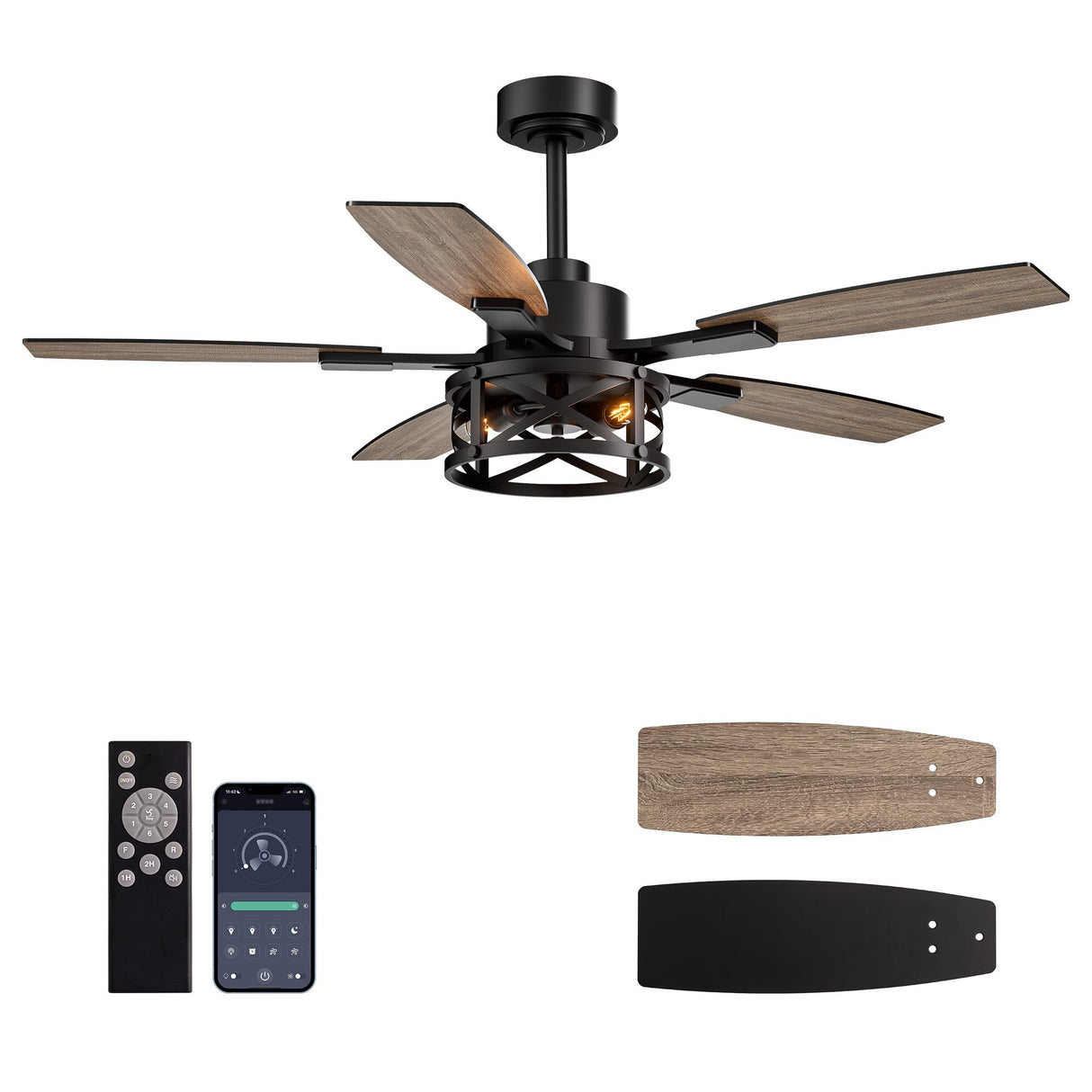 52 Inch Ceiling Fans with Lights and Remote & APP Control, Farmhouse Ceiling Fan with LED Lighting for Bedroom Living Room and Patio, Black Caged Ceiling Fan for Indoor and Outdoor(NO BULB) YouthDream