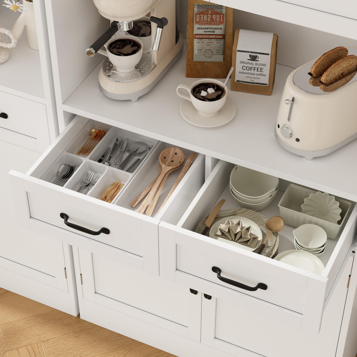 HOSTACK 71β Tall Kitchen Pantry Storage Cabinet, Modern Kitchen Hutch Bar Cabinet with Microwave Stand, Wood Buffet Sideboard with Hutch, Cupboard with Drawers, Shelves for Dining Room, White HOSTACK