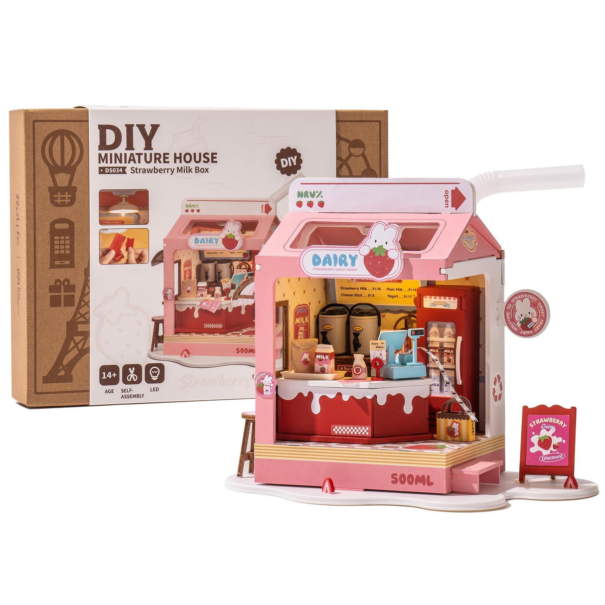 Wowood DIY Mini House Building Miniature Kit Milkbox, Miniature Lifestyle Bookshelf Decoration, Cute Craft Kits for Women or Girls 14+, Kawaii Gifts Hobbies for Crafters (Strawberry Milkbox) Wowood