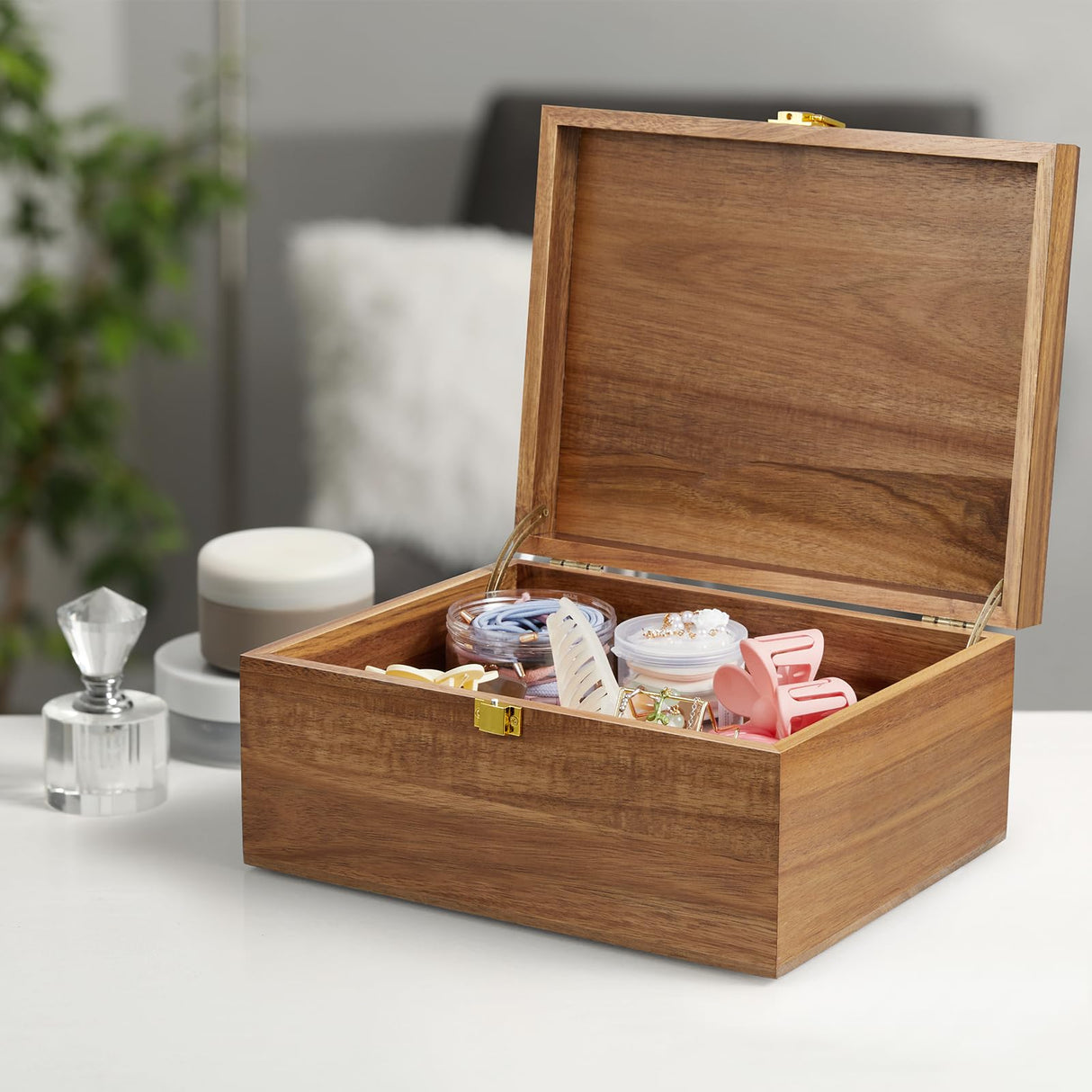 DRASTAR Keepsake Box, Wooden Box with Hinged Lid, Large Memory Box, Acacia Wooden Storage Box, Decorative Wooden Box with Lids, Treasure Box for Crafts, Photo Storage Box DRASTAR