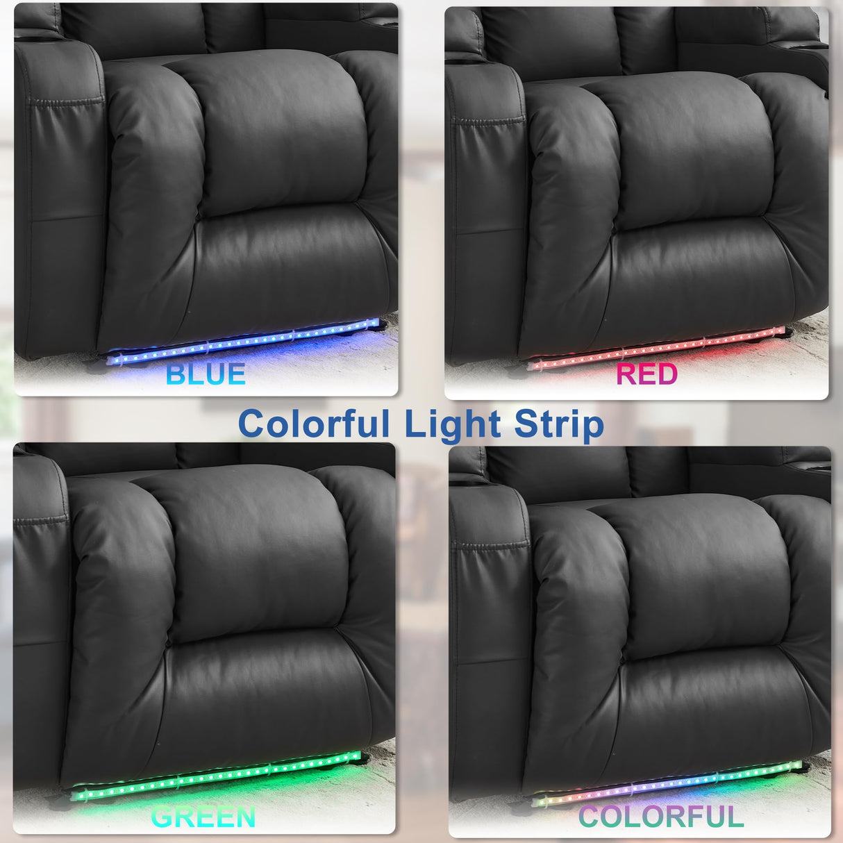 URRED Recliner Chair with Massage and Heat, Power Reclining Sofa Chair Home Theater Seating with LED Ambient Light, USB Ports, Cup Holders, Side Pockets, Faux Leather, Black URRED