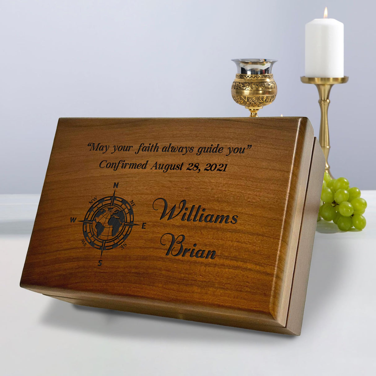 Engraved Confirmation Wooden Box, Compasses with Scripture for First Communion Keepsake Box, Baptism Gift for Godchild, Bible Verse Gift Aspera Design