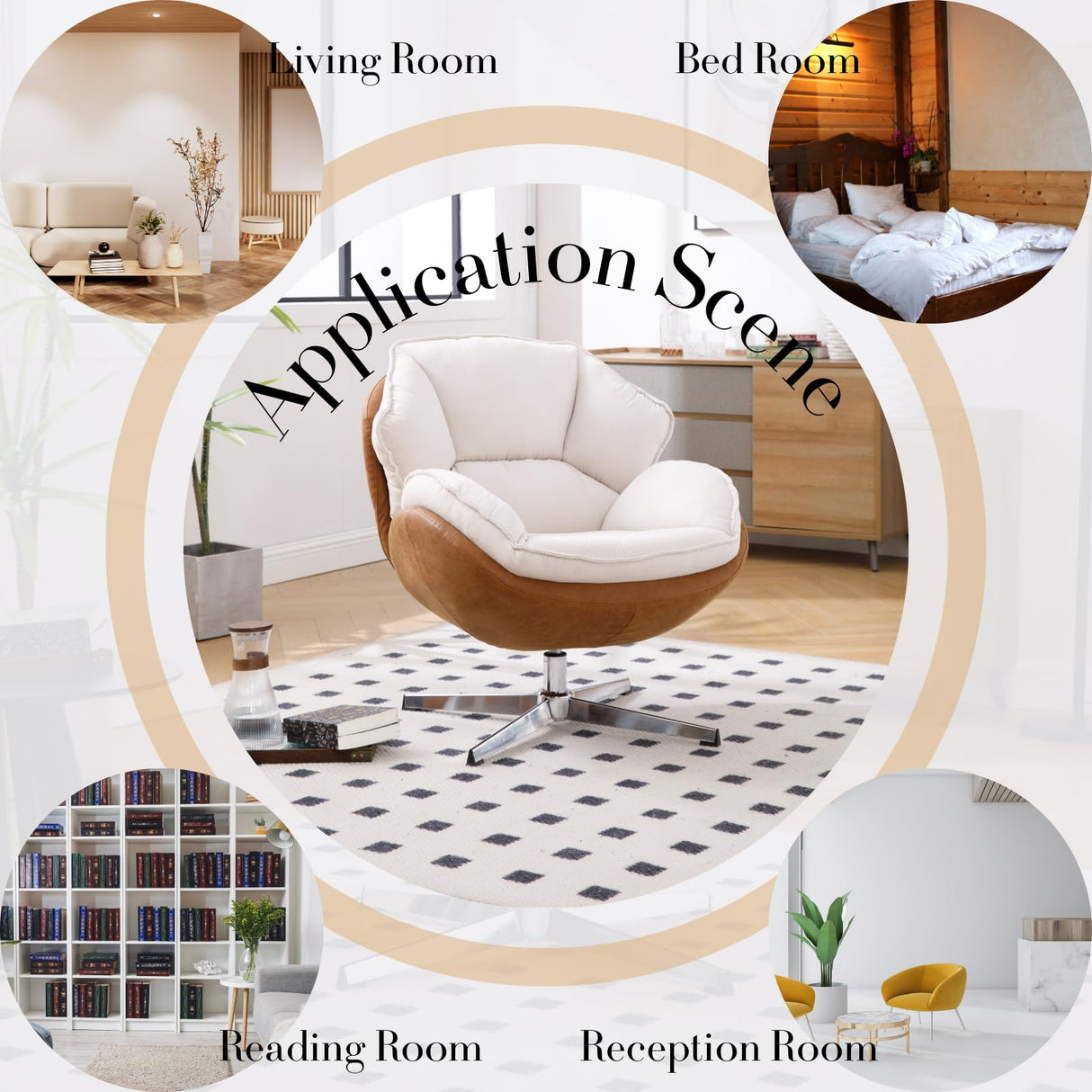 Ya-Home Modern Swivel Accent Chair, Chenille Upholstered Leisure Chair with Cozy Seat Silver Metal Base, Comfy Lounger Armchair Recliner Chair for Living Room Bedroom, 1PC, Beige Ya-Home