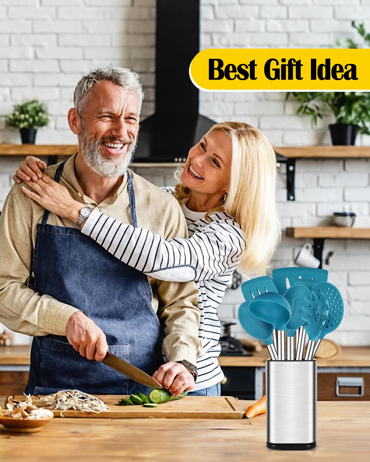 Silicone Cooking Utensil Set, 8Pcs Non-stick Cookware with Stainless Steel Handle, BPA Free Heat Resistant Kitchen Tools with Spatulas, Turners, Spoons, Skimmer and Pasta Fork BUNDLEPRO