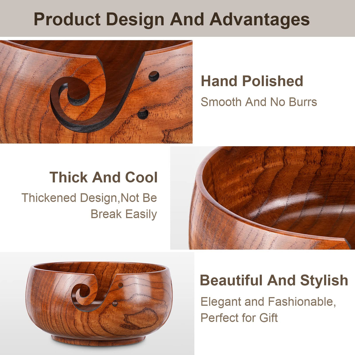 Wooden Yarn Bowl, Knitting Yarn Bowl with Holes Storage Handmade to Prevent Slipping, Perfect Yarn Bowl for Crocheting and Knitting Mothers Day Gift 6" x 3" Little World