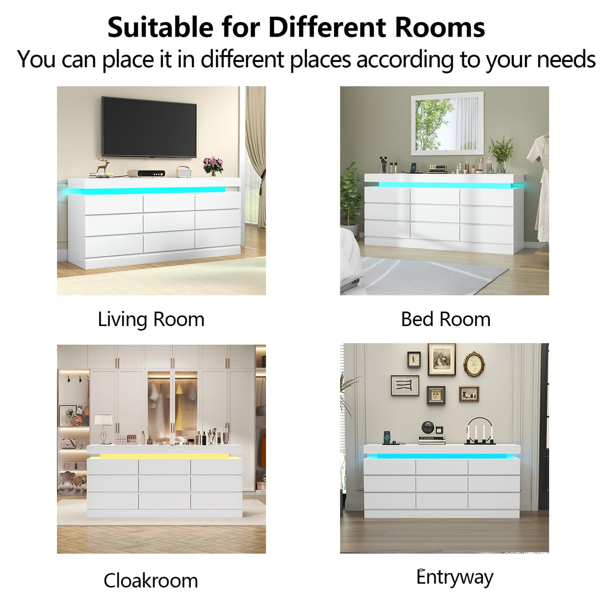 9 Drawer Dresser with Power Outlet, Dresser with LED Light, Modern Chest of Drawers for Closet, Triple Wide Drawer Organizer Cabinet for Bedroom, Living Room, Entryway, Hallway (White, 9 Drawers) Gyfimoie