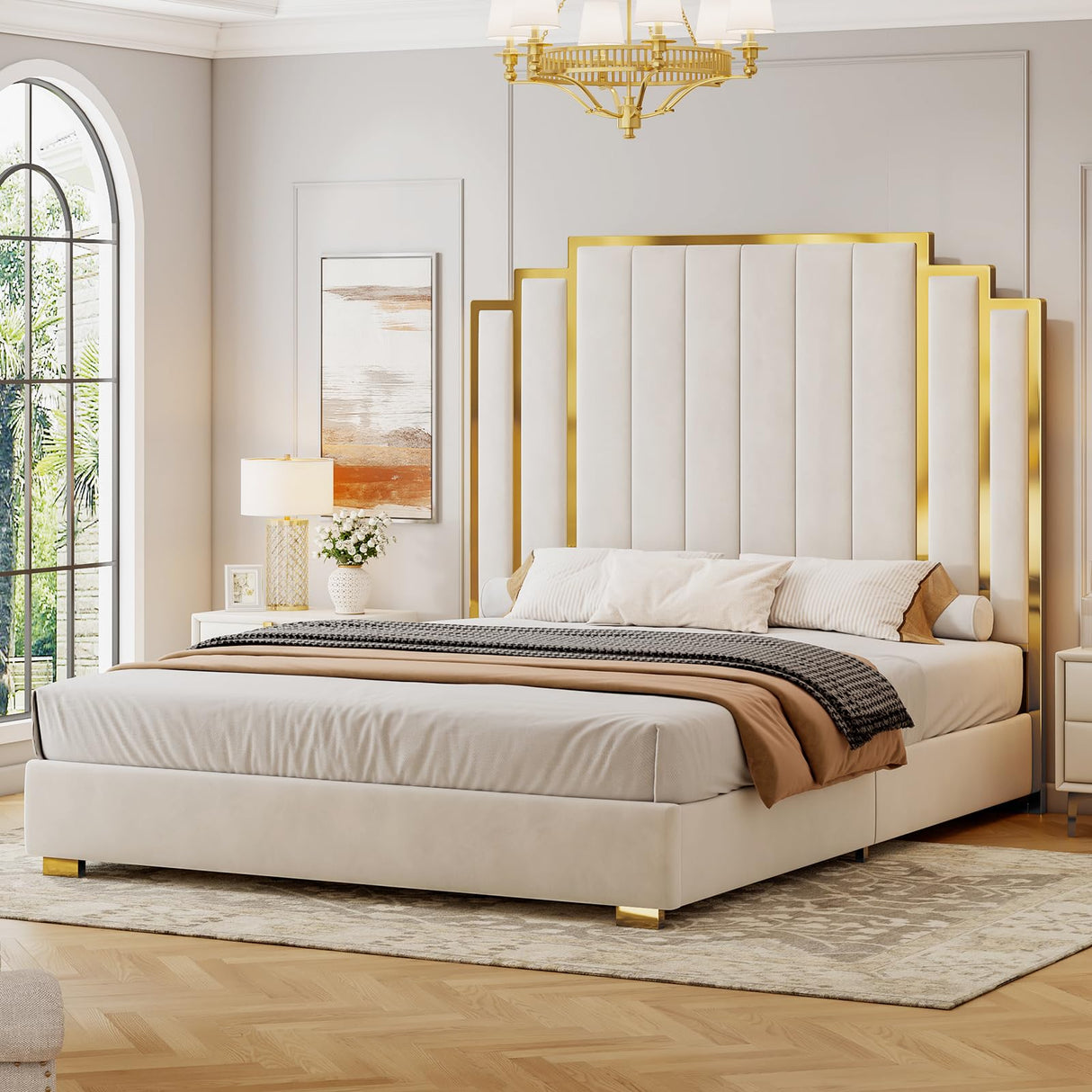YUMPIE Queen Size Platform Bed Frame with 61" Extra Tall Headboard, Velvet Upholstered Bed with Golden Plating Trim, Wooden Slats/No Box Spring Needed/Noisy Free/Cream YUMPIE