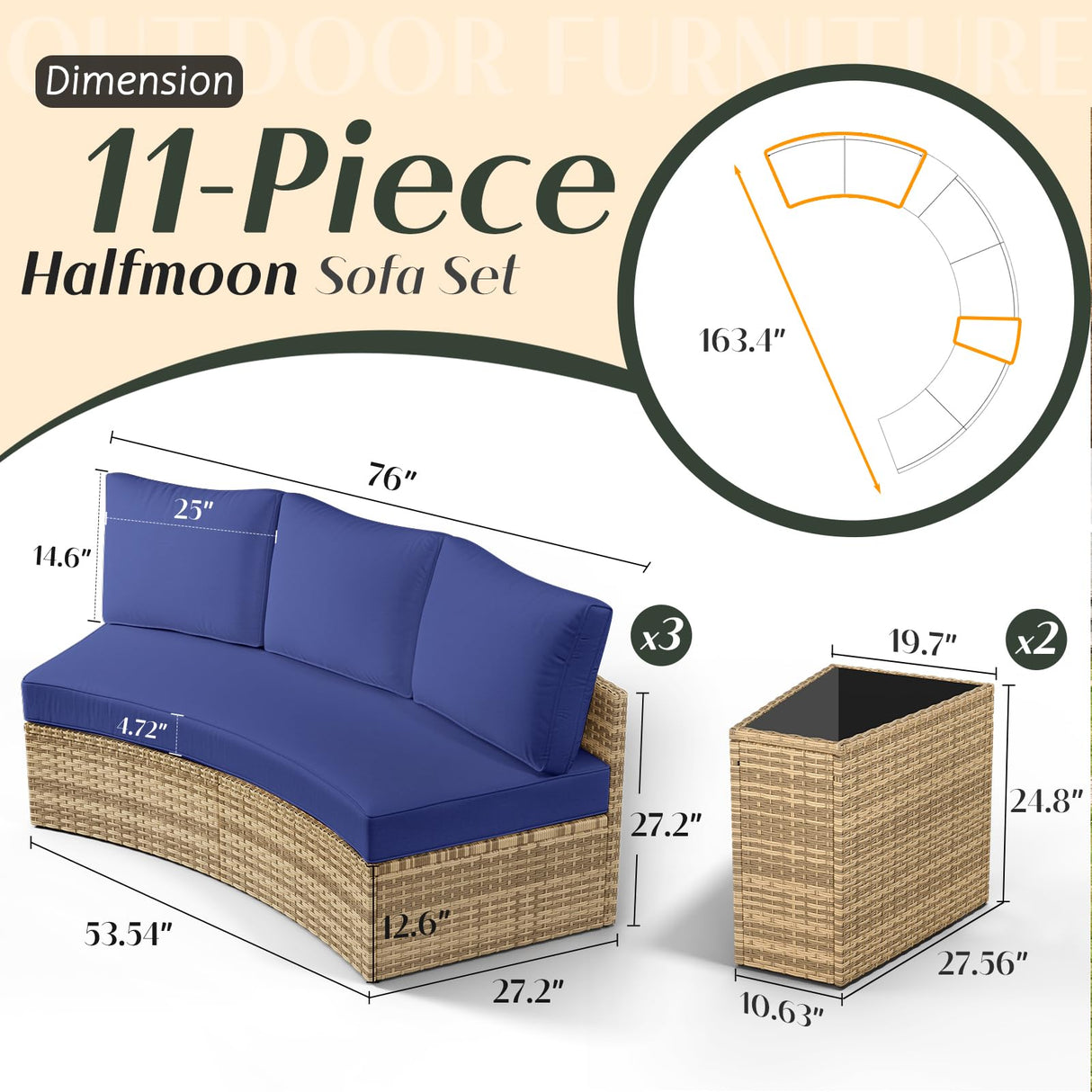 PaPaJet 11-Piece Patio Furniture Set, Half-Moon Outdoor Wicker Sectional Sofa with Large Storage Wedge Table, All-Weather Wicker Conversation Set for Backyard, Garden, or Deck, Blue PaPaJet