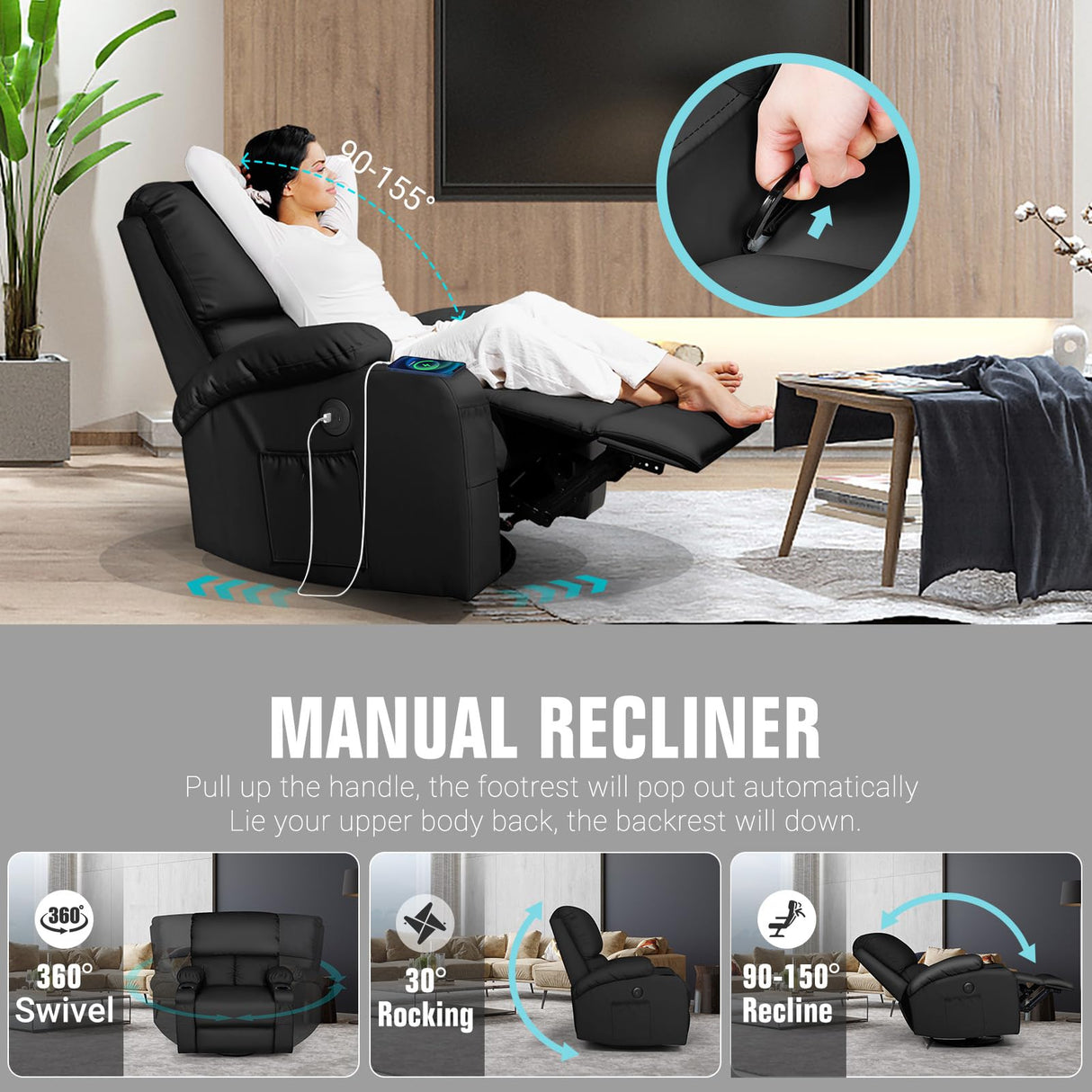 LAFWELL Rocking Recliner Chair, Massage Rocker Recliner Chair with Vibration Massage and Heat, USB and Type-C Ports,360° Swivel Faux Leather Chairs, Living Room, Bedroom, Nursery, RV, Black LAFWELL
