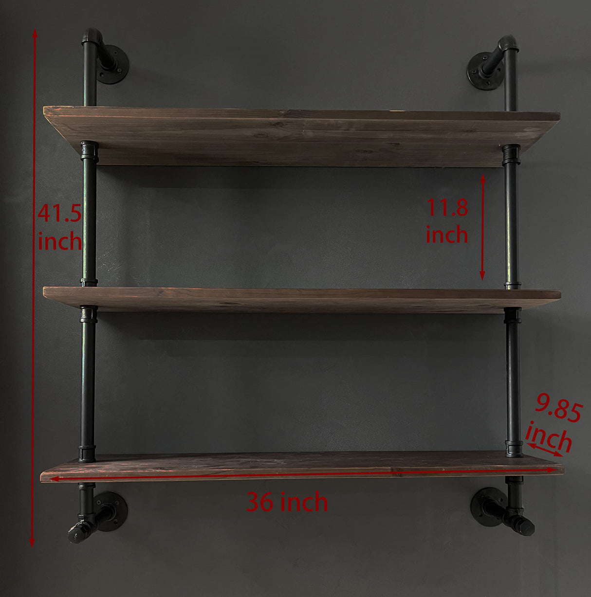 Industrial Pipe Wall Shelves with Real Wood Plank ,36 Inches Floating Shelves for Wall Farmhouse Book Shelves Dark Brown 3 Tier for Kitchen,Living Room Decor and Bar Shelving ROGMARS