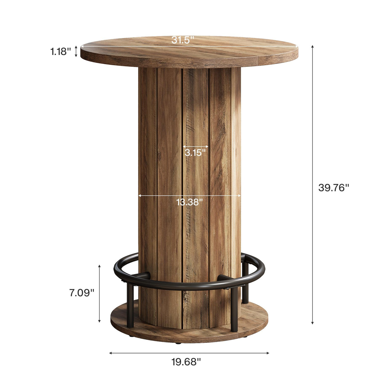 Tribesigns Round Bar Table, 39.4" H Wood Bistro Pub Table with Metal Ring Footrest for Dining Coffee Cocktail Living Room, Small Space, Brown(Only Table) Tribesigns