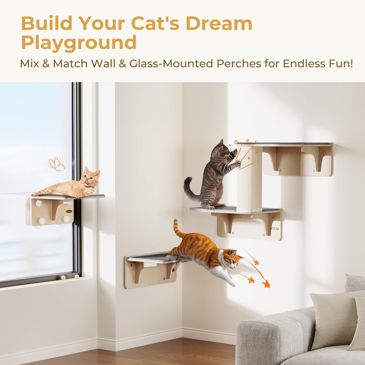 Pecute 2-in-1 Cat Window Perch & Wall Shelves - Sturdy Solid Wood Frame, 4 Large Rotating Suction Cups, Washable Carpet Cloth Cover, Space-Saving Indoor Cat Hammock Bed for Large Cats & Kittens Pecute