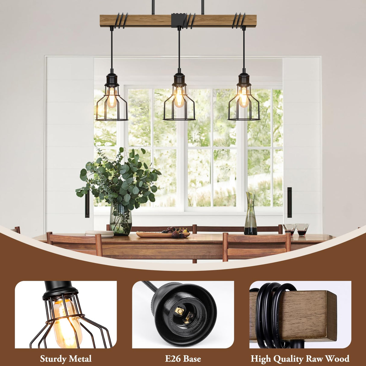 3-Light Kitchen Island Lighting, 63" Adjustable Height Pendant Light Fixtures Black Metal & Rustic Wood Modern Dining Room Linear Chandelier Over Table with E26 Base for Farmhouse Bar LuxiGlowra