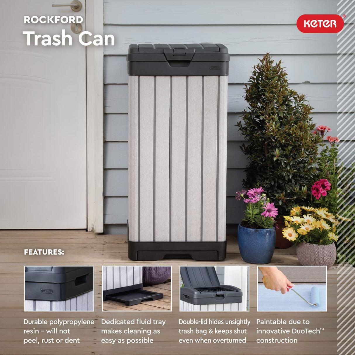 Keter Rockford Resin 38 Gallon Outdoor Kitchen Trash Can with Lid and Drip Tray for Easy Cleaning-Perfect for Patio Dining, Grey Keter