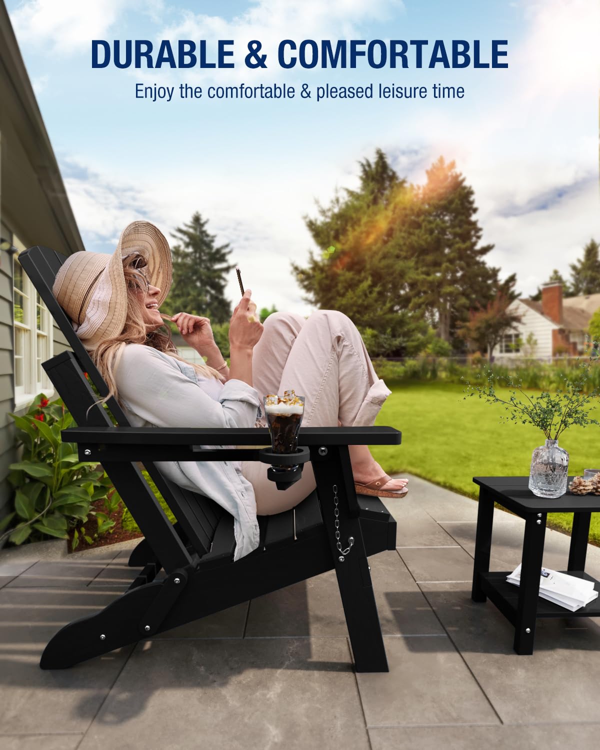 POWERWOOD Folding Adirondack Chair Wood Texture, HDPE Higher Back Plastic Adirondack Chairs with Cup Holder, Weather Resistant Composite Chair for Outdoor, Patio, Lawn, Garden, Fire Pit Chairs (Black) POWERWOOD