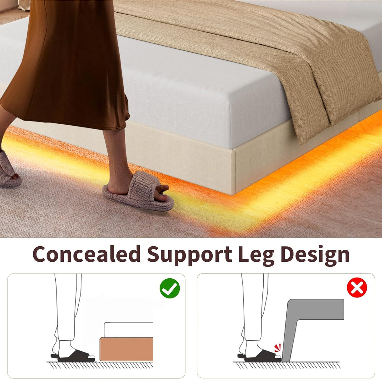 GarveeHome Queen Size Floating Bed Frame, Suspended Bed with RGB LED Lights and Charging Station, Upholstered Bed Frame with Storage Headboard and Button Tufted, No Box Spring Needed, Beige GarveeHome