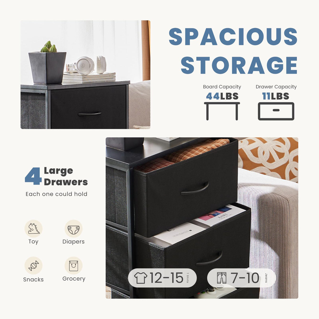 DUMOS 4 Drawers Dresser for Bedroom, Chest of Drawers, Closet Storage with 4 Drawers, Cloth Dresser Clothes Organizers Tower with Fabric Bins, Metal Frame, Wood Tabletop DUMOS