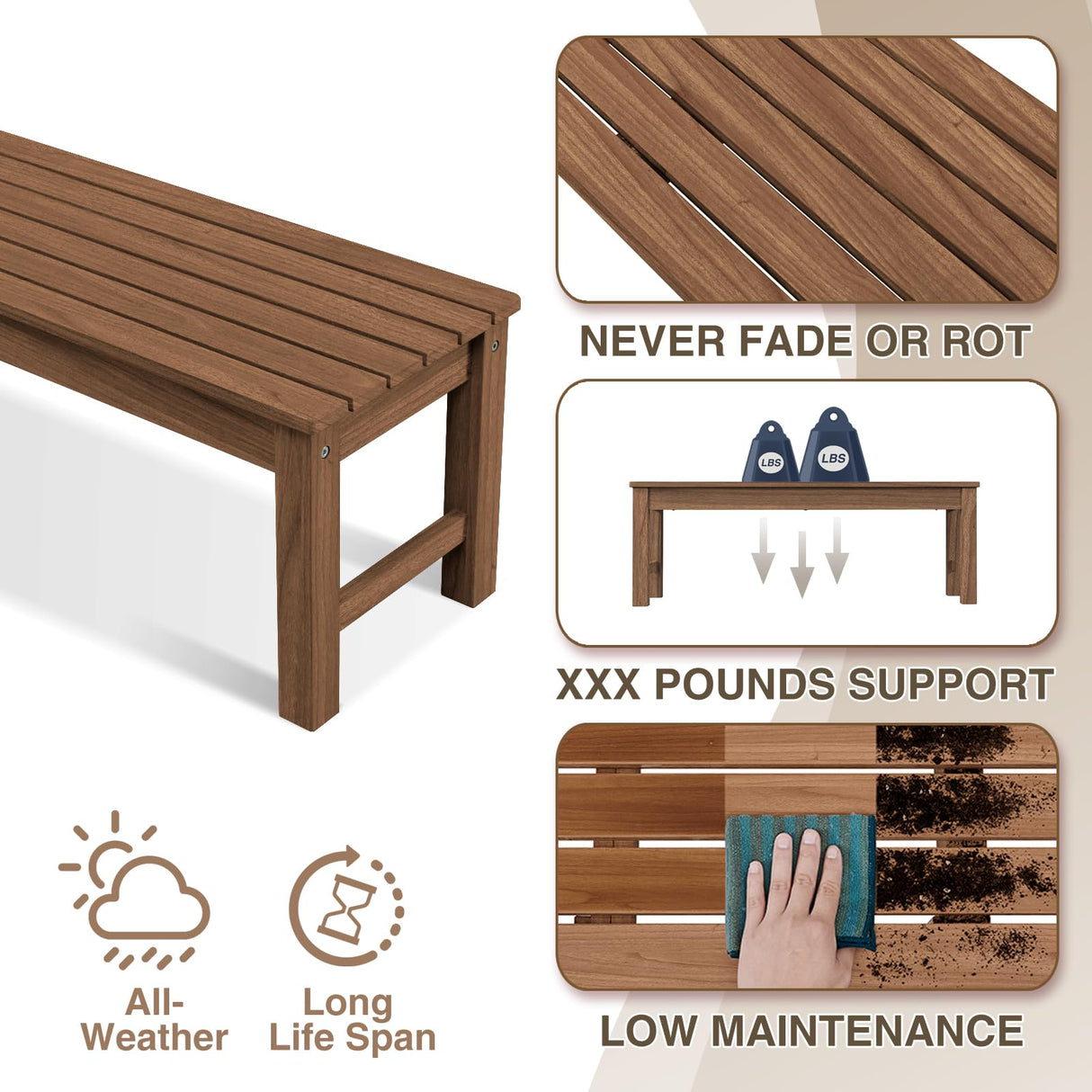 Psilvam 2-Person Outdoor Poly Lumber Patio Backless Bench, Fade-Resistant & Odor-Free Poly Lumber Patio Furniture, Weatherproof, Suitable for Garden, Porch and Park, 700 Lbs Support (1, Light Brown) Psilvam
