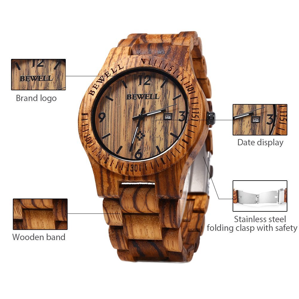 BEWELL W086B Mens Wooden Watch Analog Quartz Lightweight Handmade Wood Wrist Watch (Zebra Wood) BEWELL