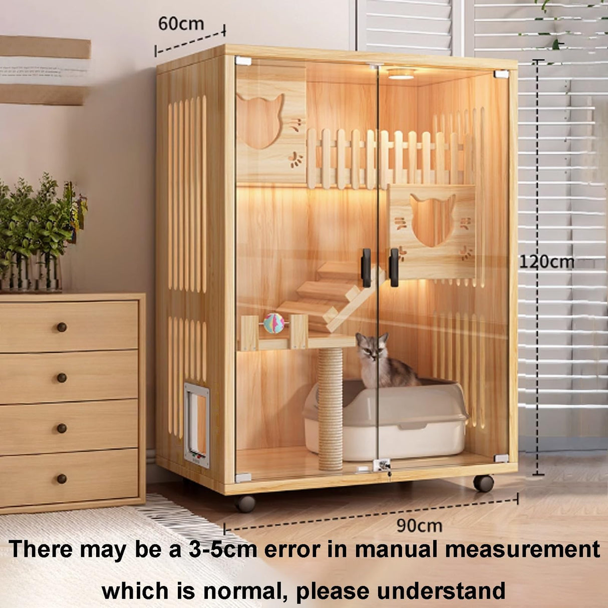 GUQASDV Cat Cage Wood, Catio Indoor Cat Enclosure, Enclosed Cat Playpen, Cat Crate with Wheels and Cat Scratch Post for Ferret, Chinchilla, Small Animals(Black,90x60x120cm) GUQASDV