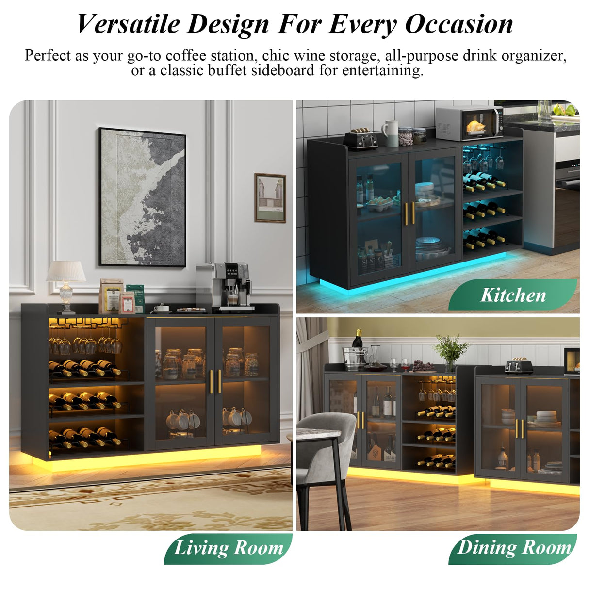 Loomie Wine Bar Cabinet with LED Lights, Floating Coffee Bar with Glass Rack and Removable Wine Racks, Modern Buffet Sideboard with Storage Shelves, Kithchen Bar with Glass Cabinet Doors, Black Loomie