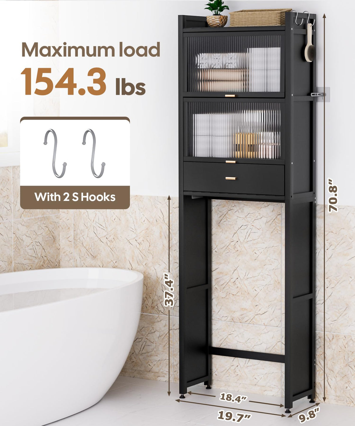 Cozivolife Over The Toilet Storage Cabinet with Drawer and Flip Door, Bamboo Bathroom Organizer Shelf with Anti-Tip Design and Waterproof Feet Pad,Freestanding Rack Above WC Space Saver (Black) Cozivolife
