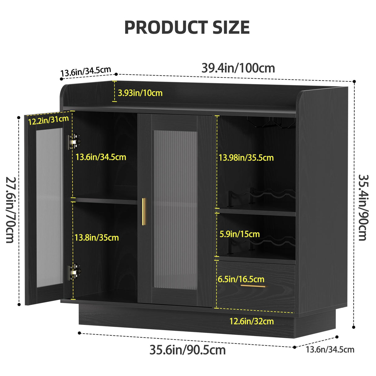 Wine Bar Cabinet with LED Light, Floating Coffee Cabinet with Wine and Glass Rack, Kitchen Buffet Sideboard with Glass Doors and Drawer, Modern Liquor Cabinet for home, Kitchen, Living Room, Black SYESWAY