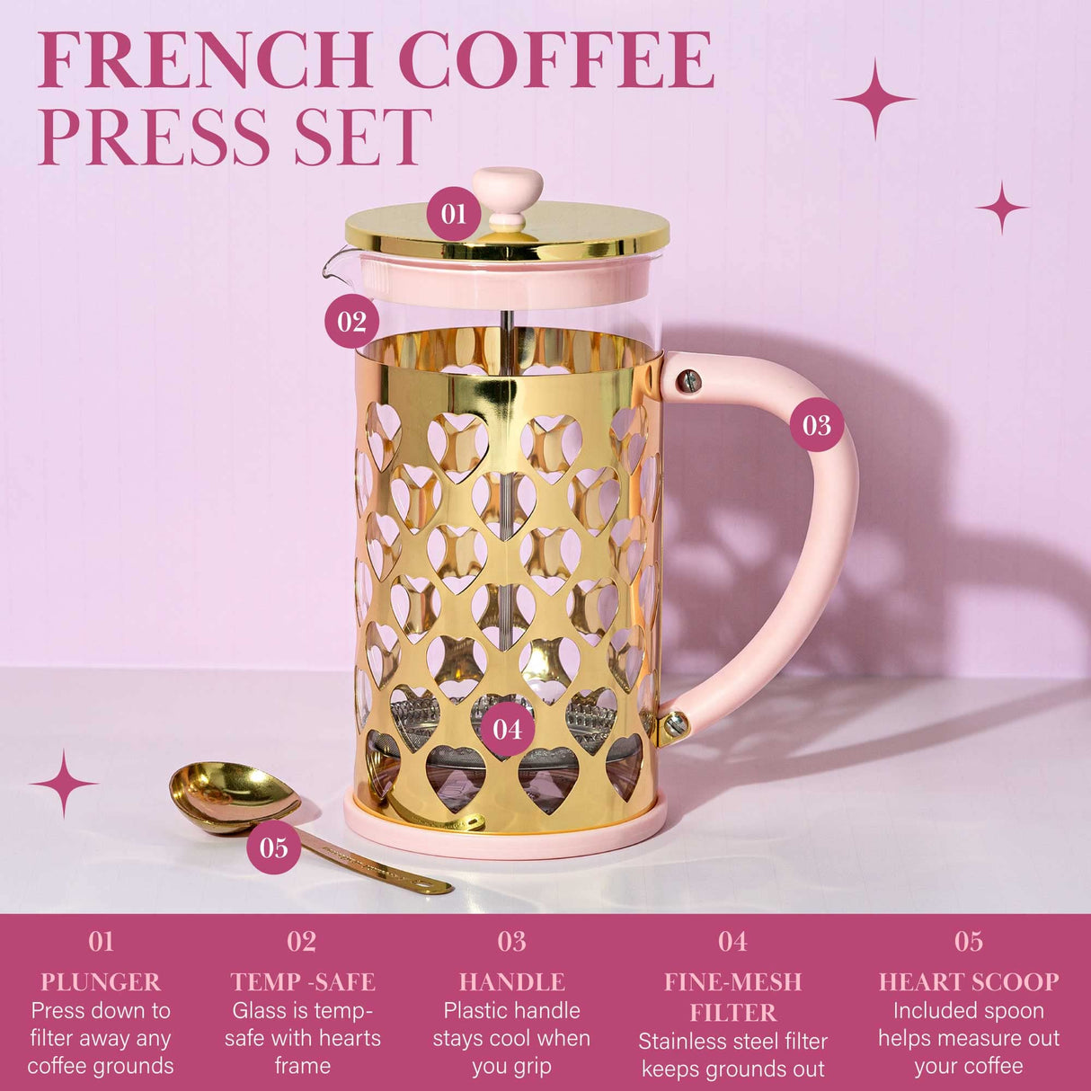 Paris Hilton French Press Coffee Maker With Heart Shaped Measuring Scoop, 2-Piece Set, 8-Cup or 34-Ounce, Pink Paris Hilton