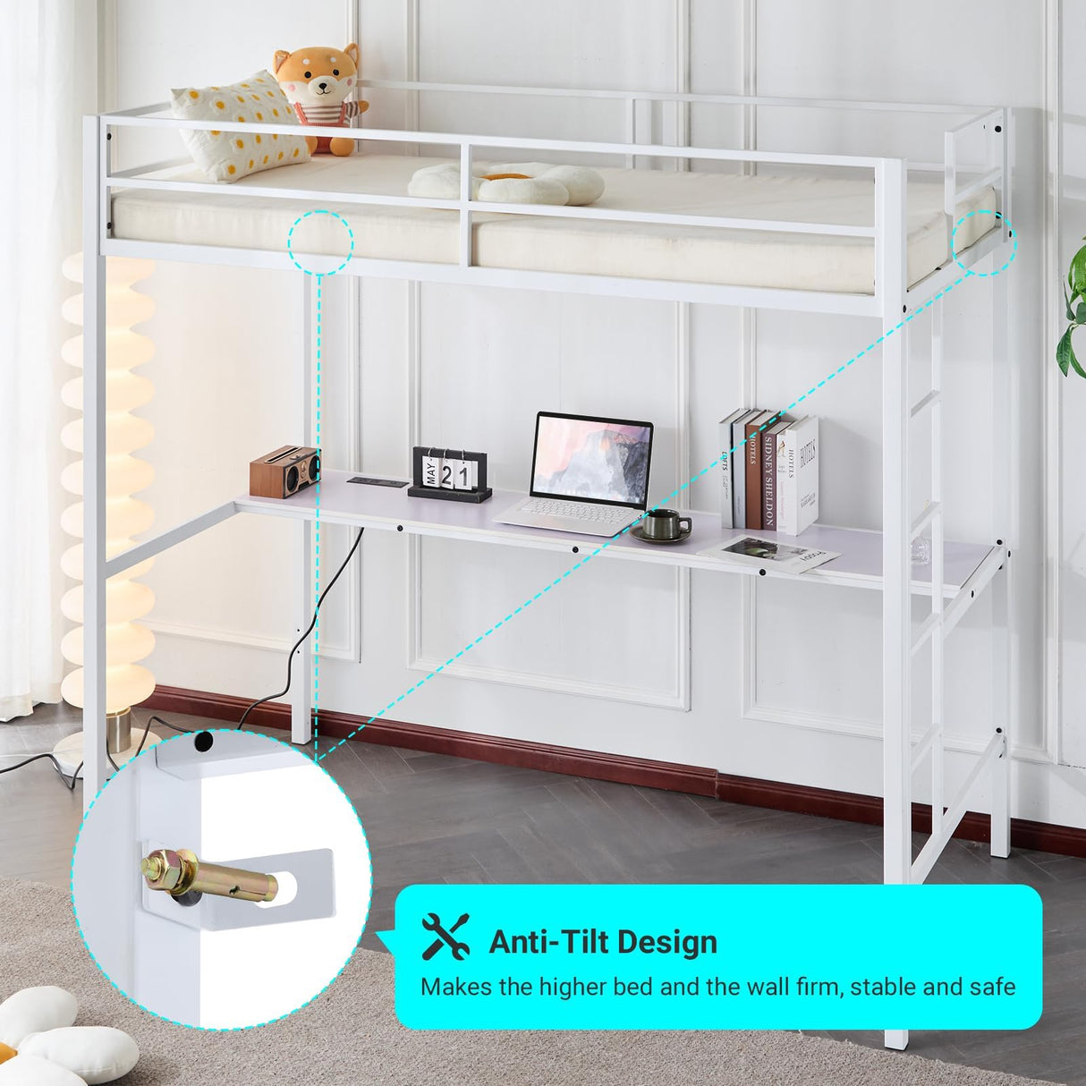 Karl home Twin Metal Loft Bed with Desk, with Power Outlet and LED Lighted, Safety Guardrail & Ladder, Space Saving, No Noise, No Box Spring Needed, White Karl home