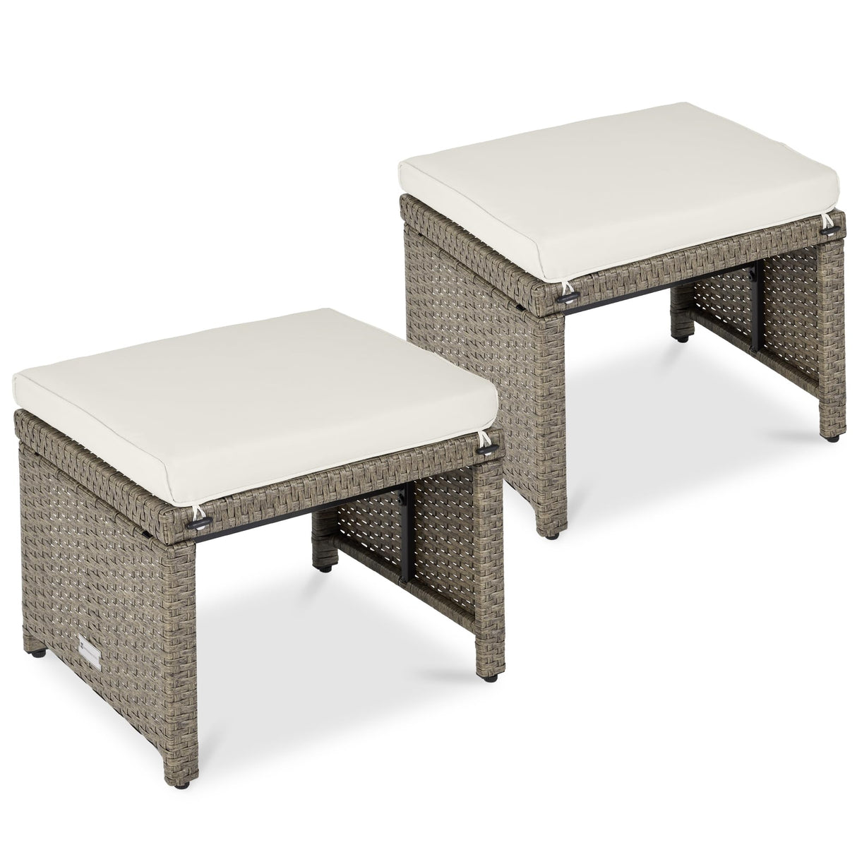 Best Choice Products Set of 2 Wicker Ottomans, Multipurpose Outdoor Furniture for Patio, Backyard, Additional Seating, Footrest, Side Table w/Removable Cushions, Steel Frame - White Sand/Taupe Best Choice Products